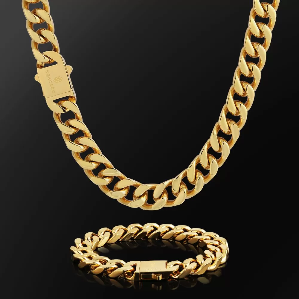 【NEW】14mm Miami Cuban Link Curb Chain and Bracelets Set with Hook Buckle Clasp in 18K Gold