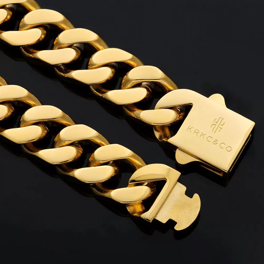 【NEW】14mm Miami Cuban Link Curb Chain and Bracelets Set with Hook Buckle Clasp in 18K Gold