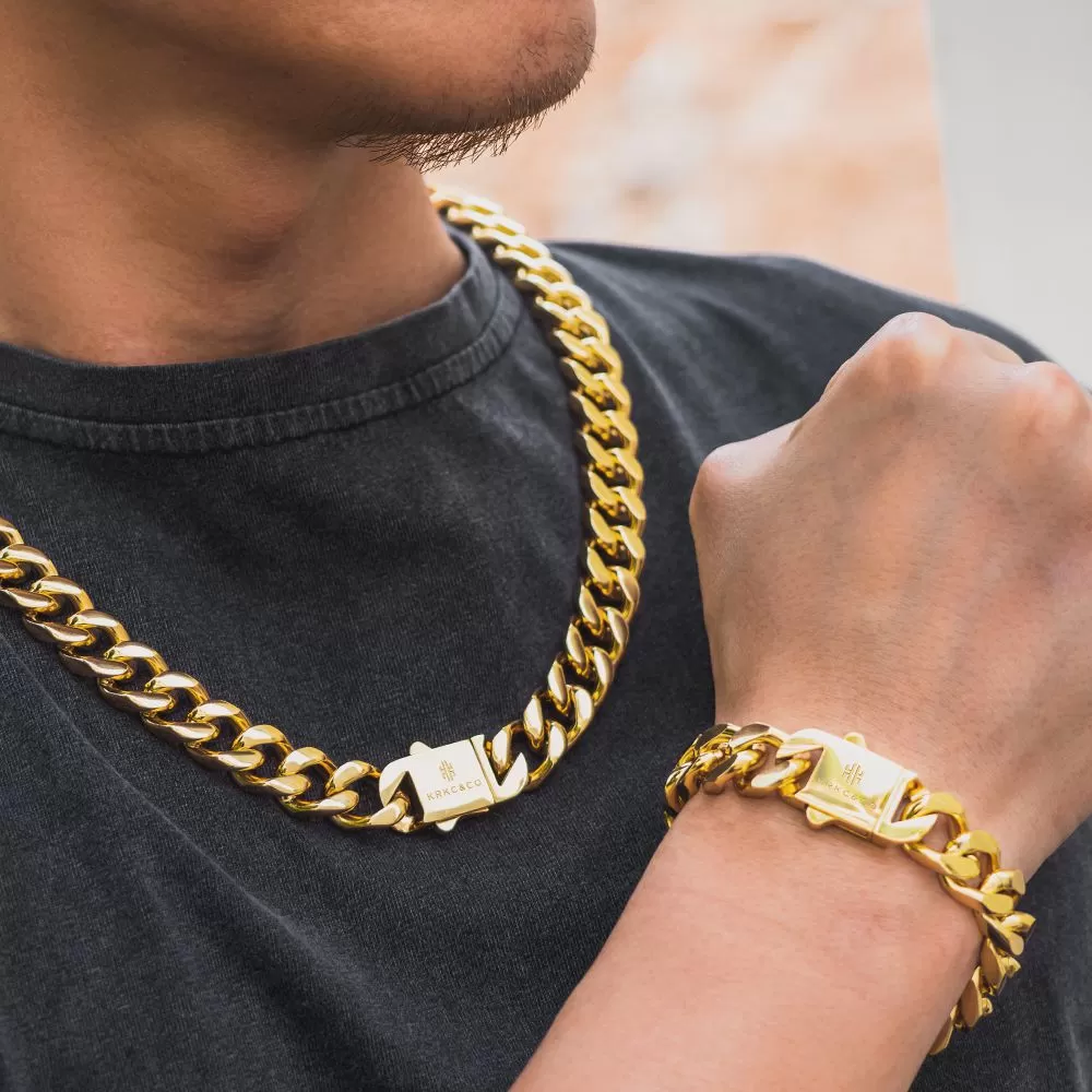 【NEW】14mm Miami Cuban Link Curb Chain and Bracelets Set with Hook Buckle Clasp in 18K Gold