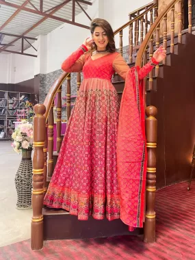 Odette Pink Chanderi Printed Gown with Dupatta For Women