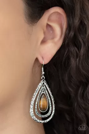 Paparazzi Earring Teardrop Torrent Brown Tiger's Eye Stone Earring