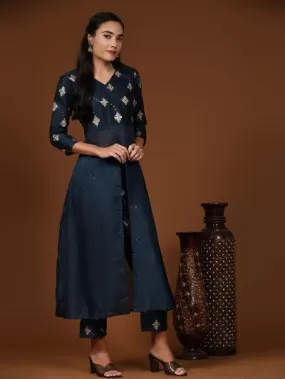 Peacock Blue Ethnic Chanderi Kurti Pant Set Of 2