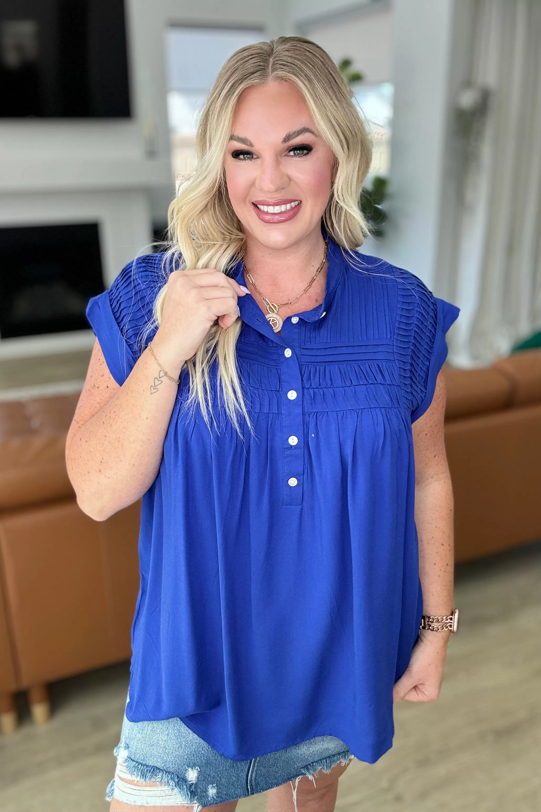 Pleat Detail Button Up Blouse in Royal Blue - 4/24