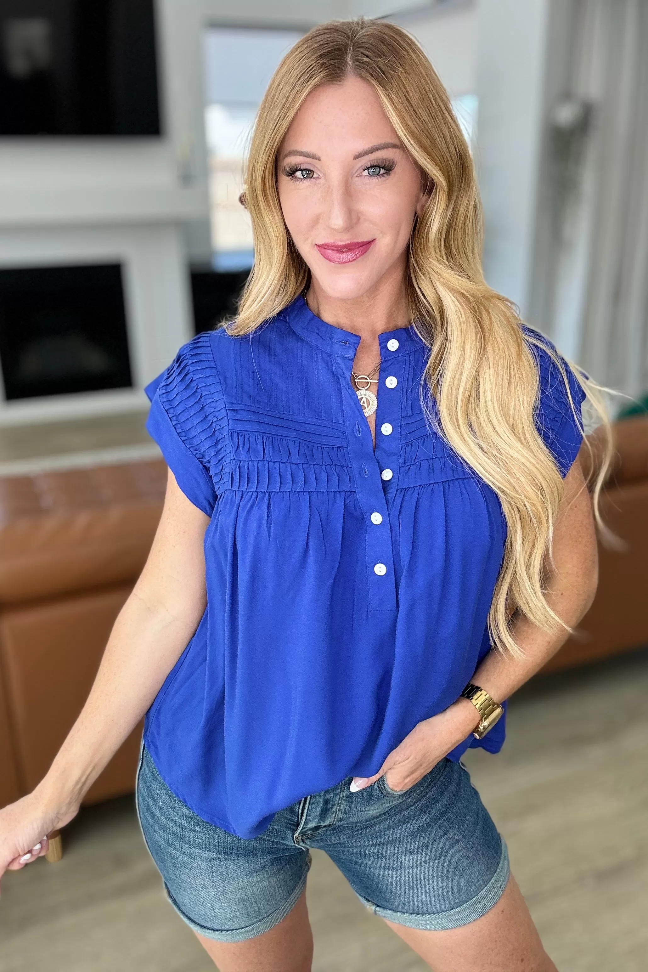 Pleat Detail Button Up Blouse in Royal Blue - 4/24