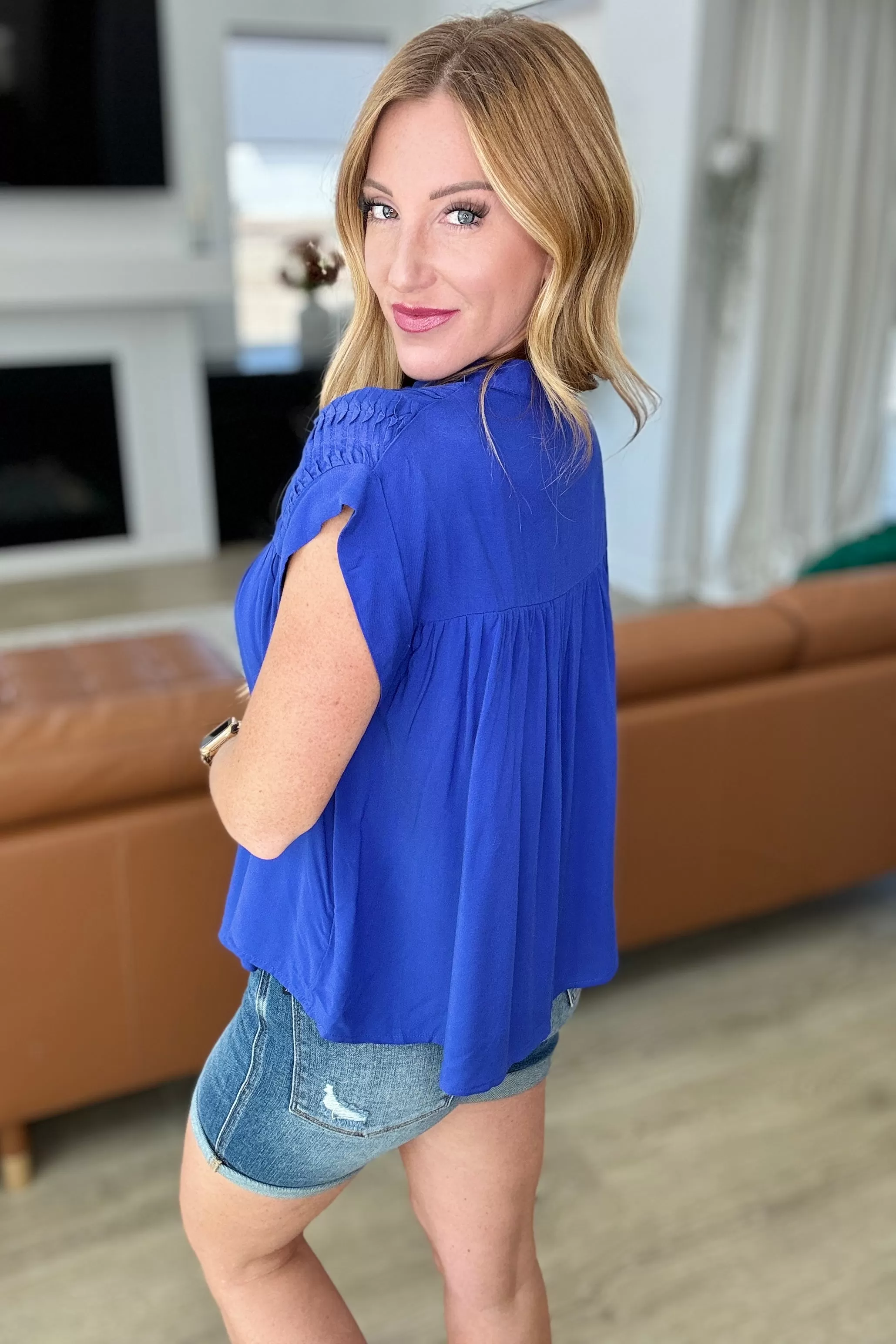 Pleat Detail Button Up Blouse in Royal Blue - 4/24