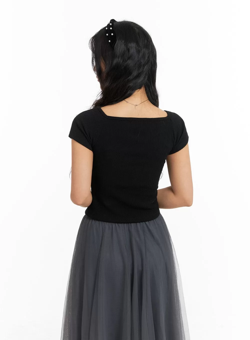 Ribbed Shirred Short Sleeve Top OM427