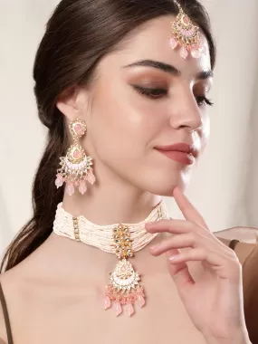 Rubans Enchanting Blush Pink Enamel Kundan Beaded Necklace Set