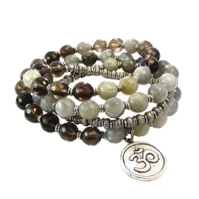 Serendipity and Positivity, Faceted Labradorite and Smoky Quartz 54 Bead Convertible Wrap Mala Bracelet Or Necklace