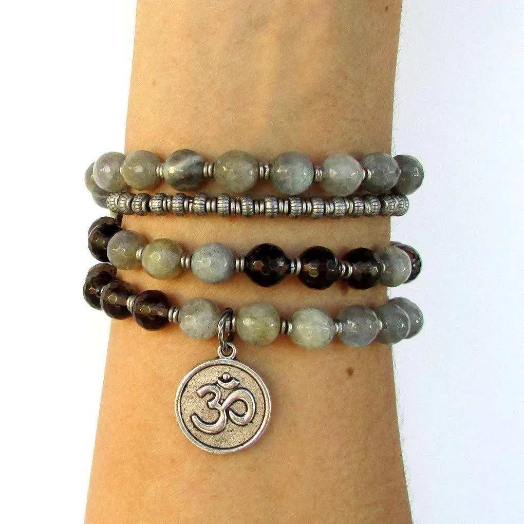 Serendipity and Positivity, Faceted Labradorite and Smoky Quartz 54 Bead Convertible Wrap Mala Bracelet Or Necklace