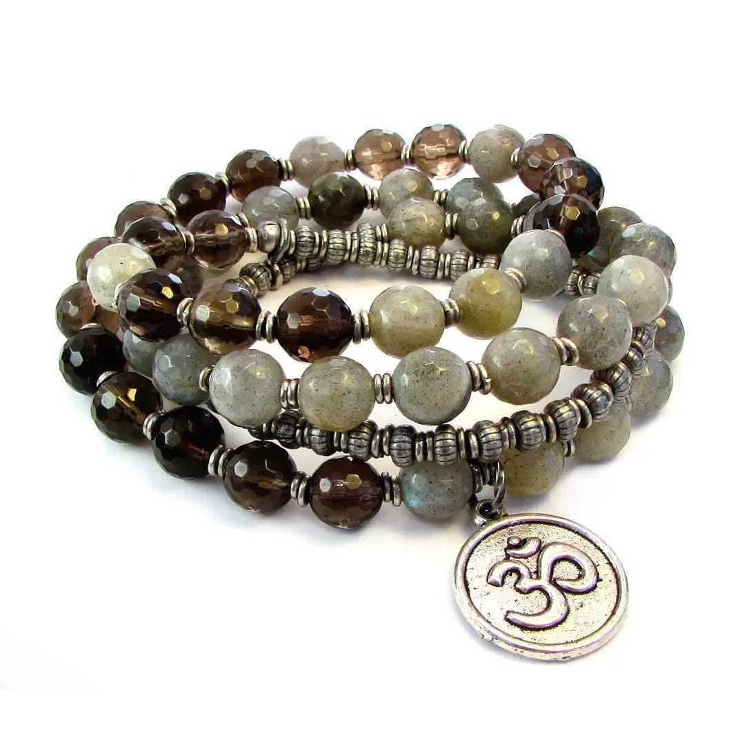 Serendipity and Positivity, Faceted Labradorite and Smoky Quartz 54 Bead Convertible Wrap Mala Bracelet Or Necklace