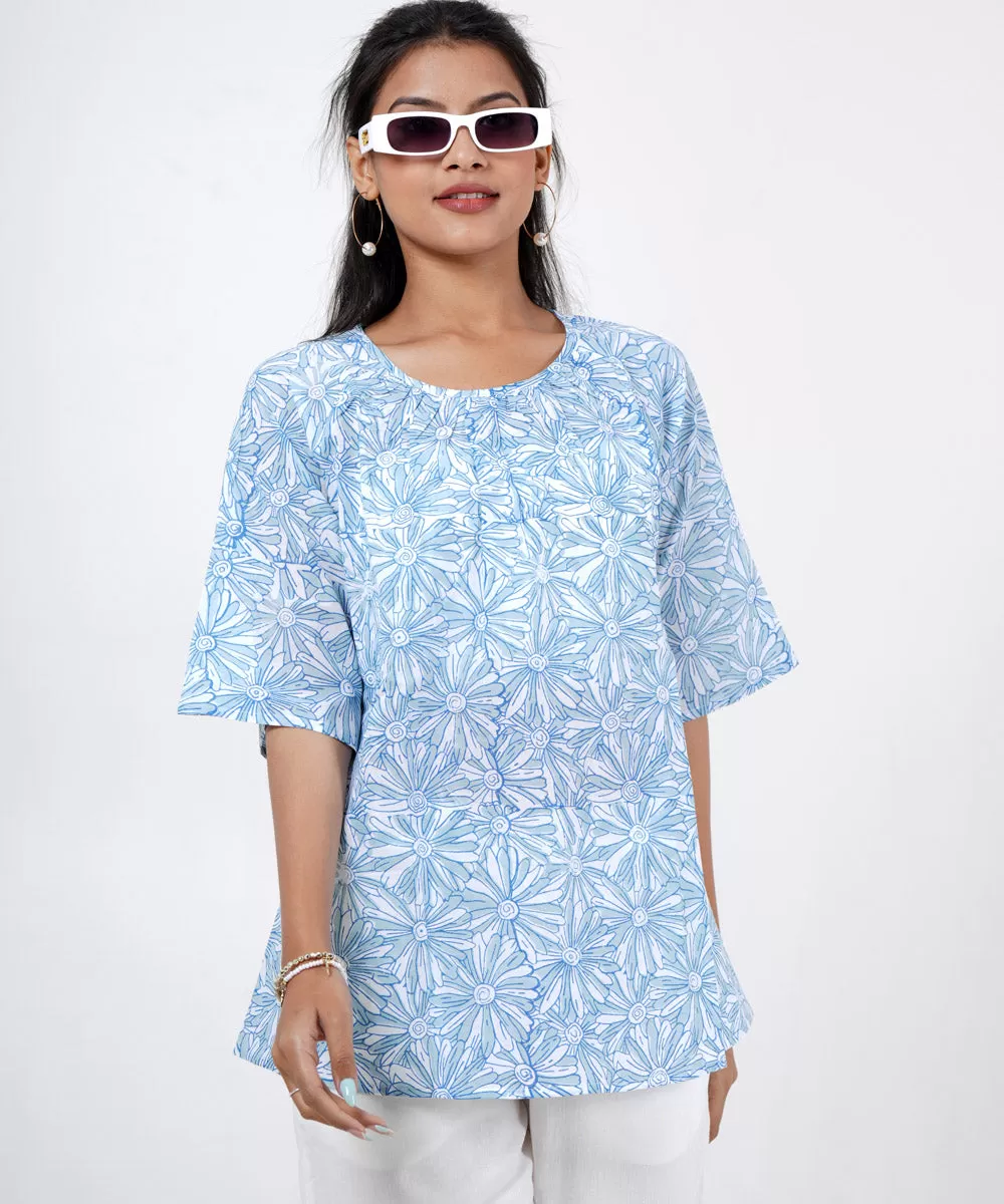 Sky blue handblock cotton floral printed top