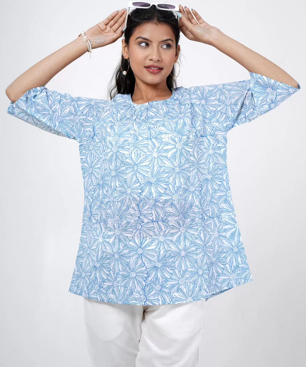 Sky blue handblock cotton floral printed top