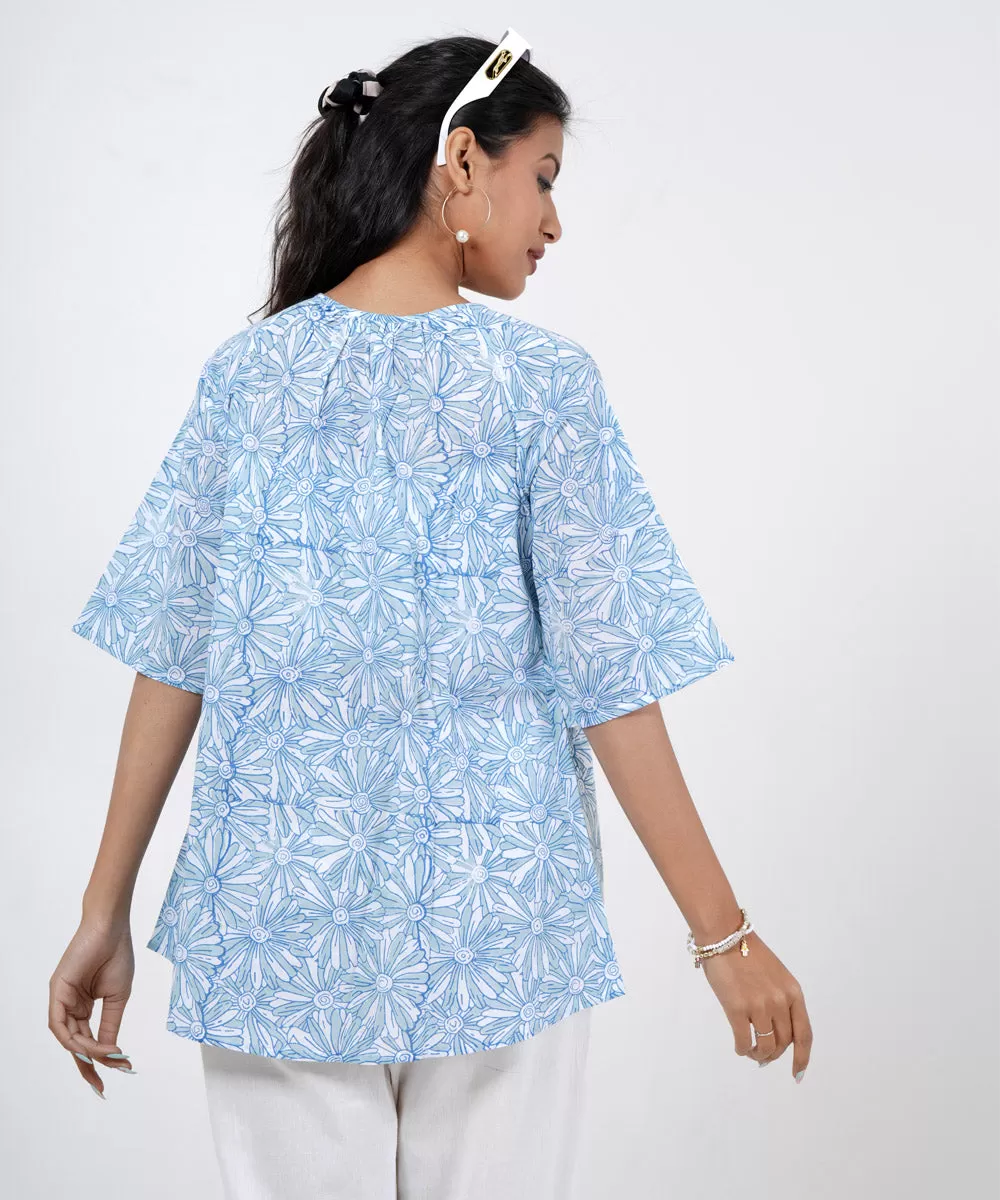 Sky blue handblock cotton floral printed top