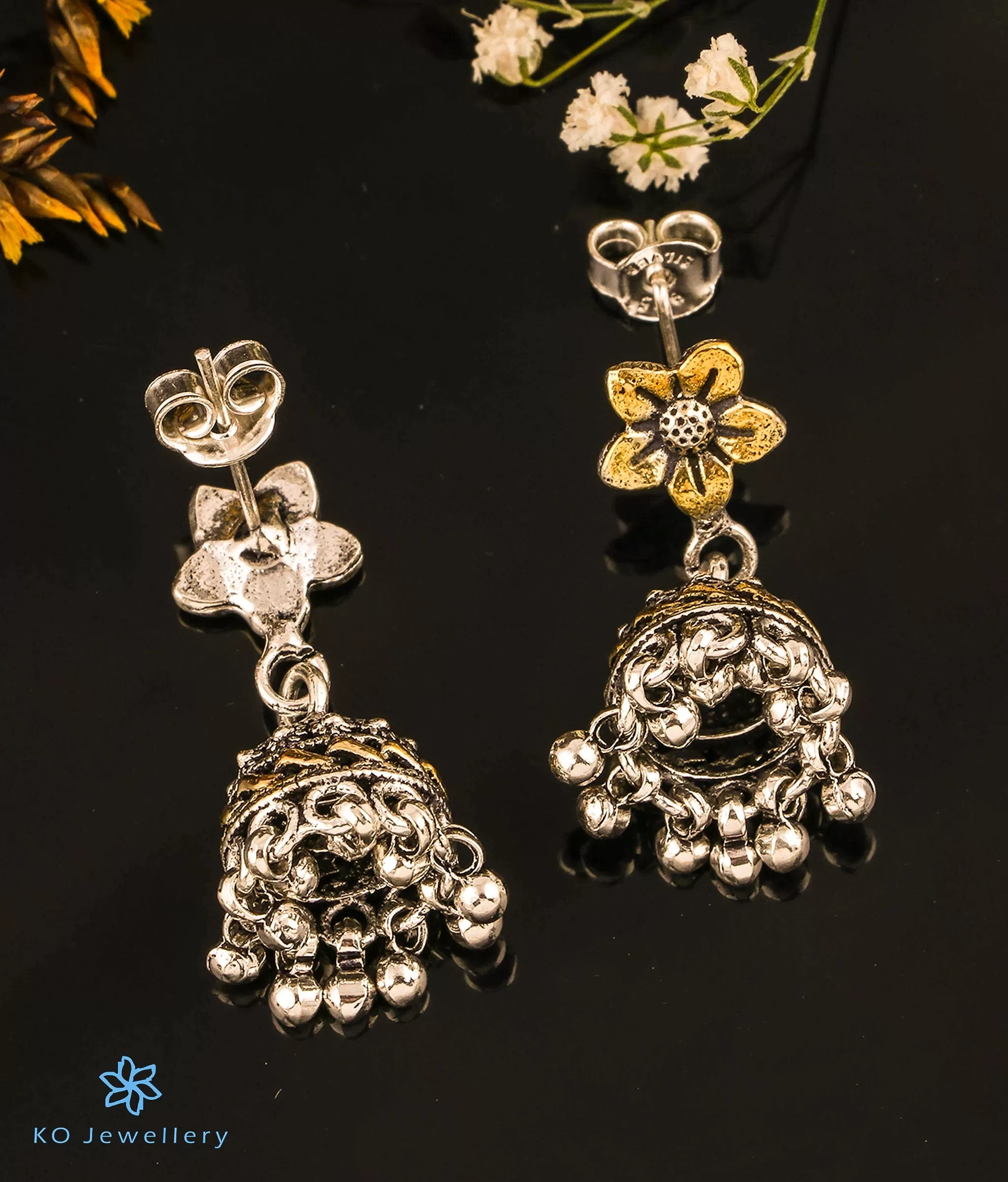 The Mridul Silver Jhumkas (Two tone)