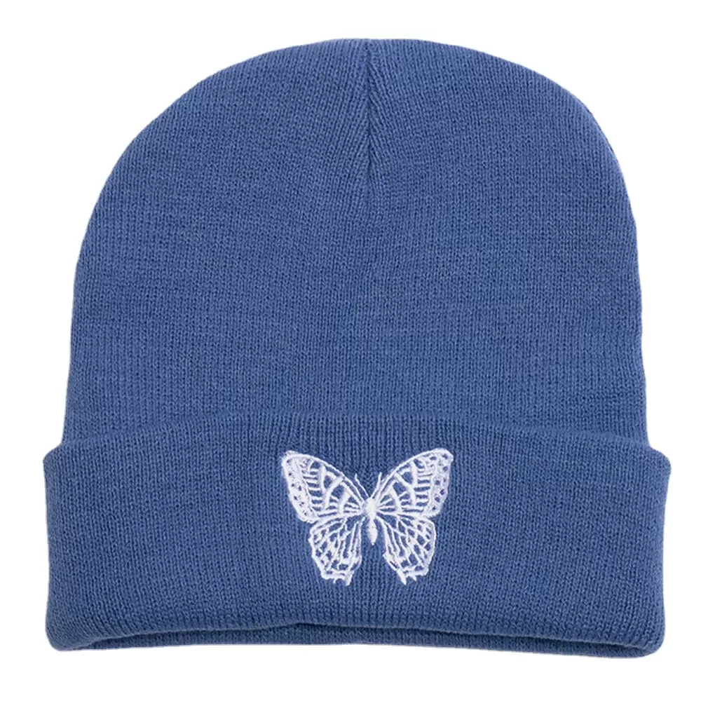 Unisex Wool Warm Elastic Casual Cartoon Butterfly Embroidery Pattern Knitted Hat Brimless Beanie