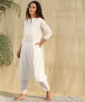 White hand embroidered cotton dobby kurta set of-2