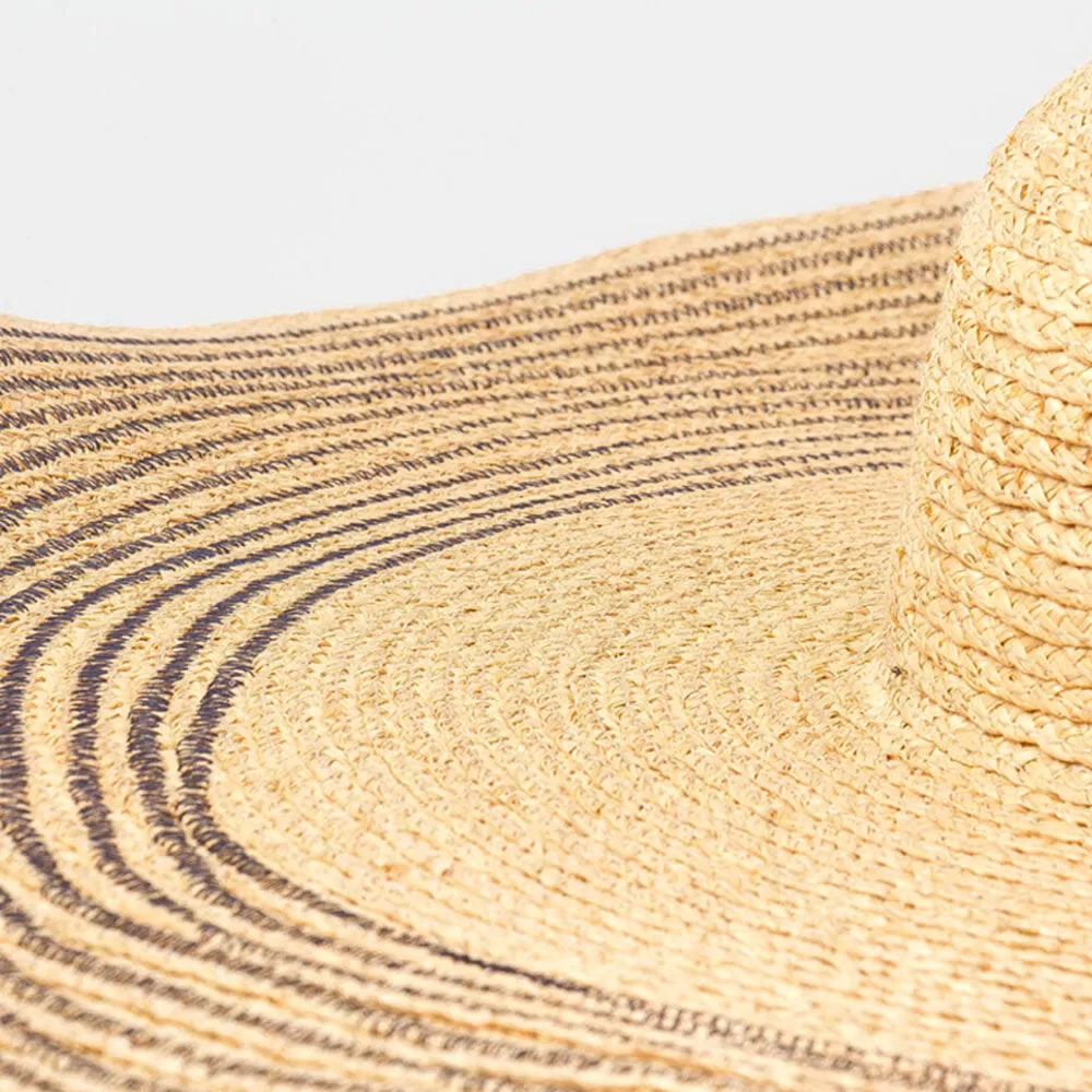 Woman Handmade Wild Brim Visor Color Stripe Vacation Beach Sun Hat Natural Raffia Rolled-up Brim Straw Hat