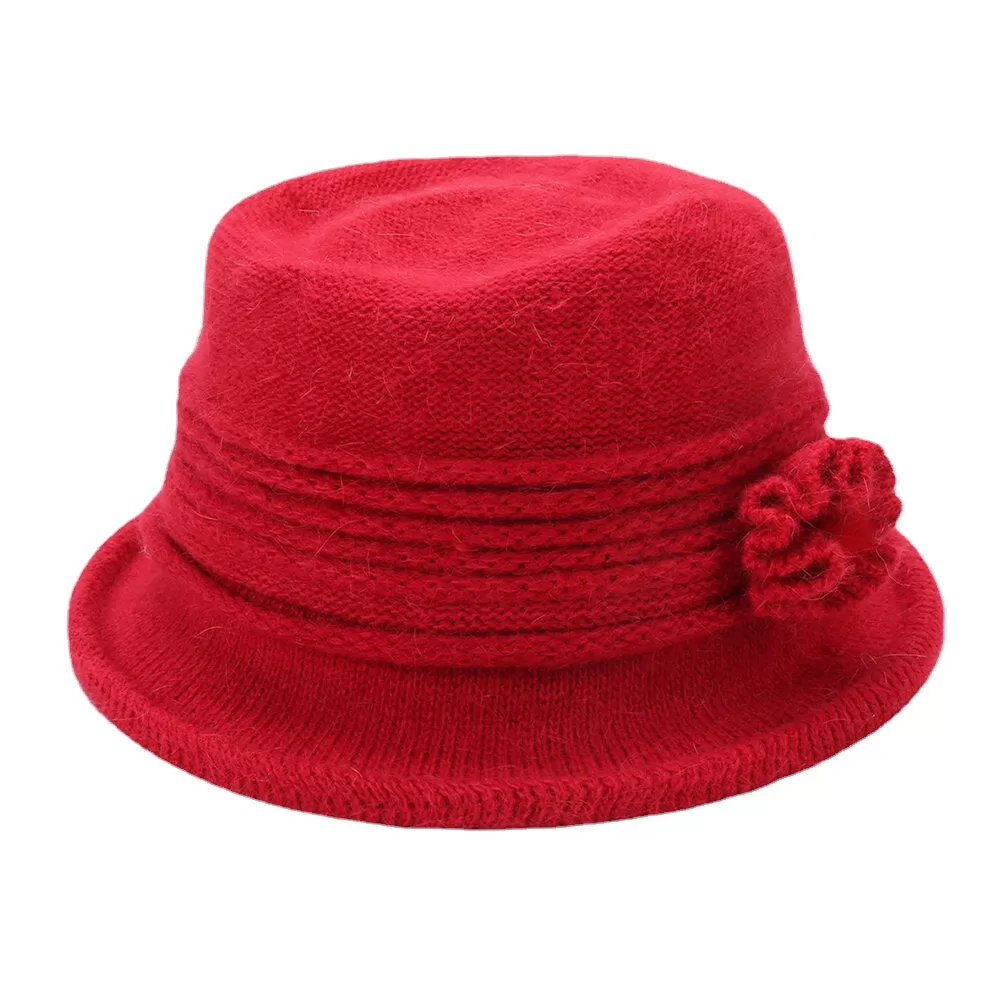 Women Rabbit Hair Plus Thicken Warm Flower Decoration Fashion Casual Knitted Hat Bucket Hat