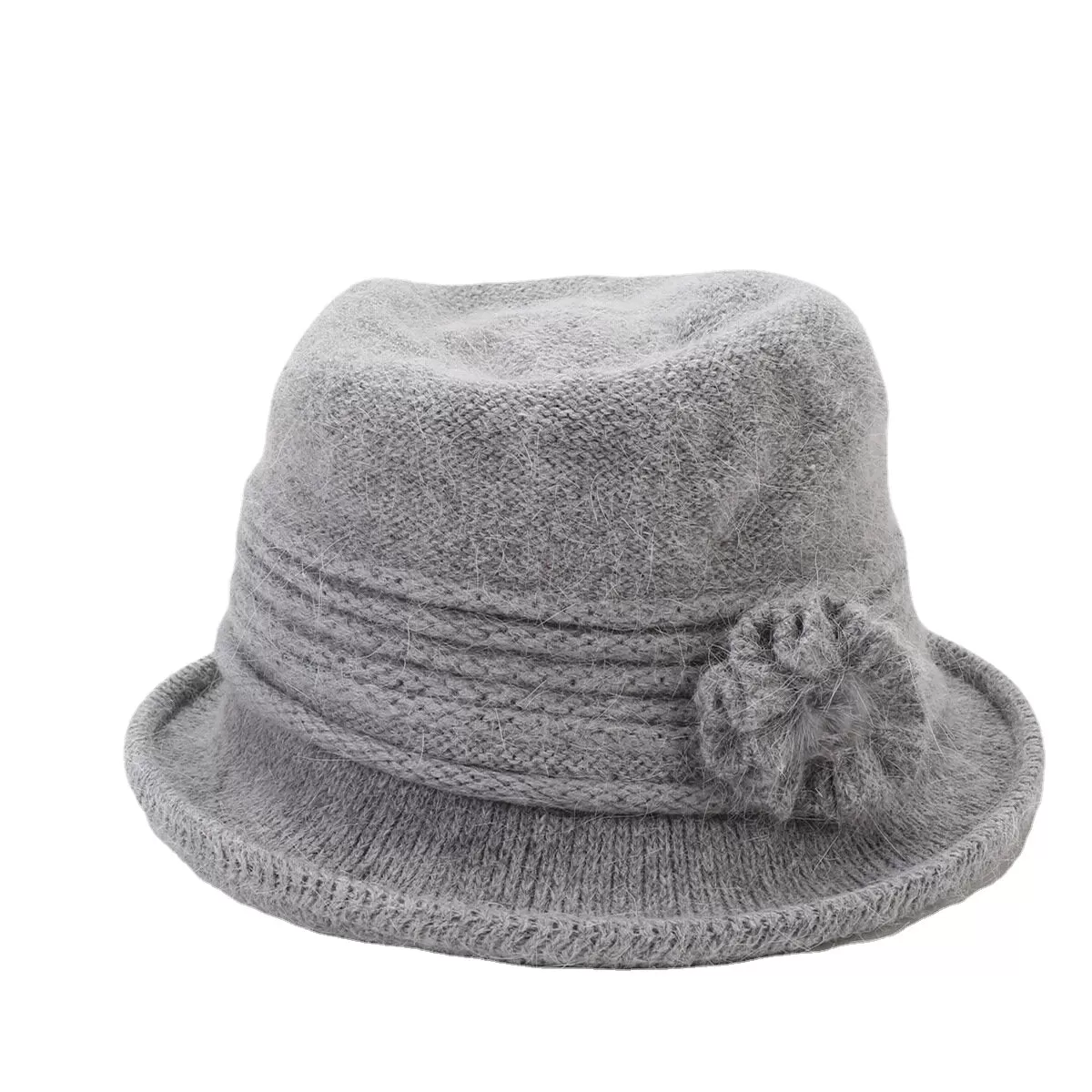 Women Rabbit Hair Plus Thicken Warm Flower Decoration Fashion Casual Knitted Hat Bucket Hat