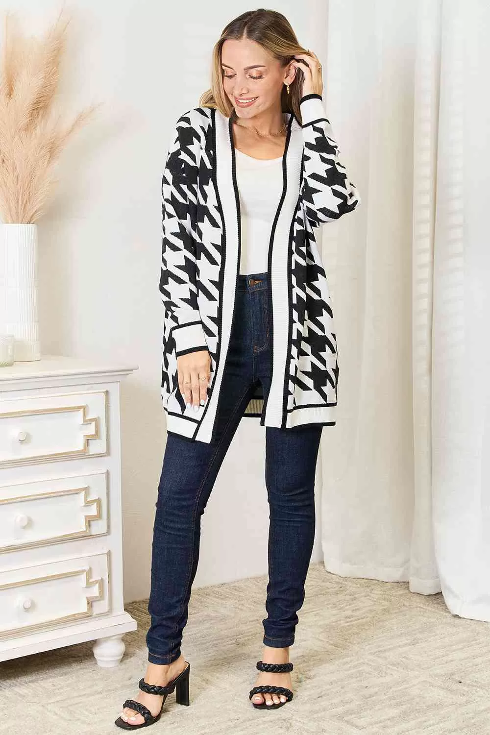 Woven Right Houndstooth Open Front Longline Cardigan